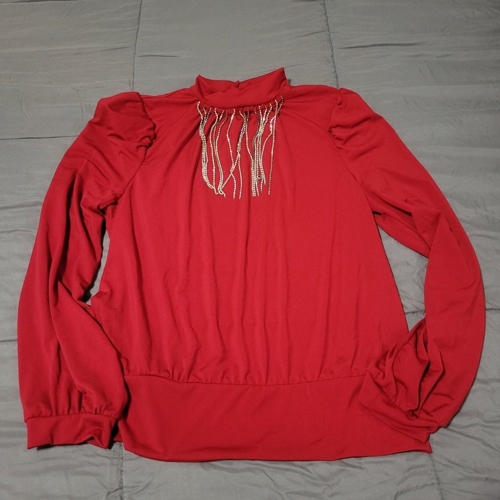 A Love Story Women's Blouse with Rhinestones, Red, Medium